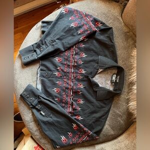 Brooks & Dunn Flame Print Button-Up Raw Hem Cropped Shirt Jacket